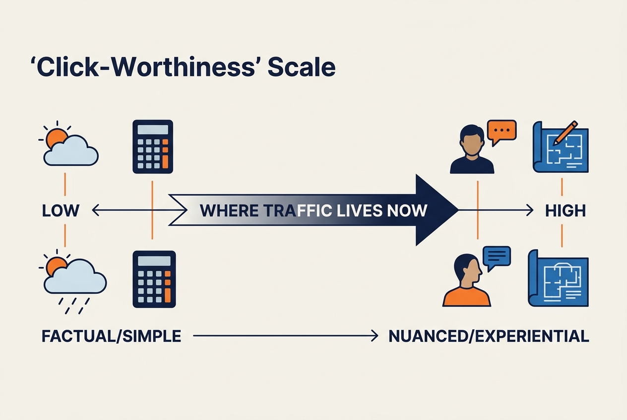An infographic showing the spectrum of click-worthiness from simple factual queries to complex experiential ones.