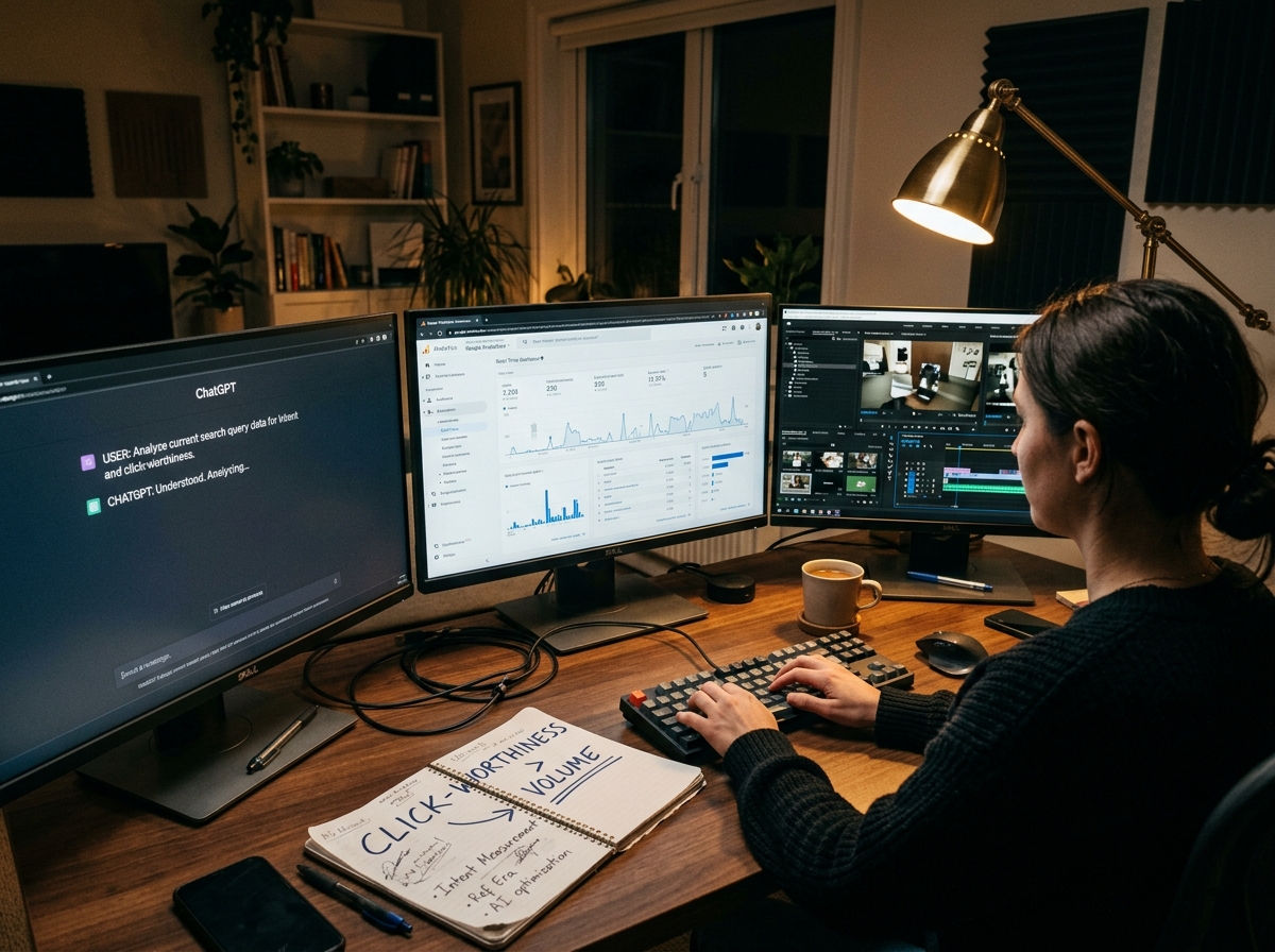 A marketing strategist's desk showing the tools used to balance AI insights with creative content production.