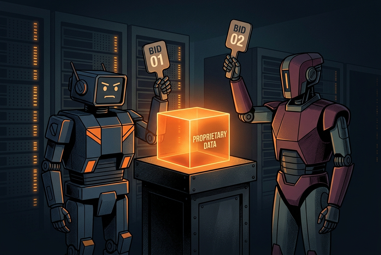 An illustration depicting AI agents bidding for access to high-quality brand data.