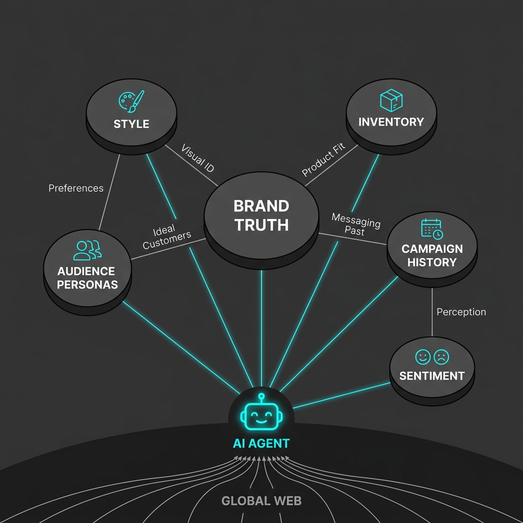 A diagram of a Brand Graph, showing how various business data points connect to inform AI agents.
