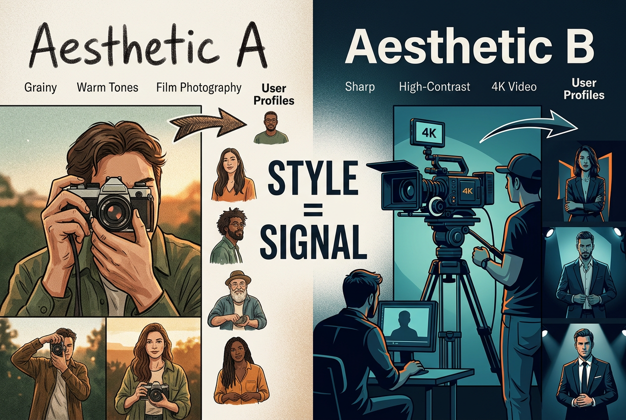 A comparison of two different visual styles and the different audiences they attract through social algorithms.