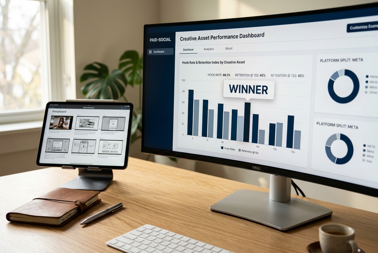 A modern marketer's workspace focusing on creative performance metrics and testing dashboards.