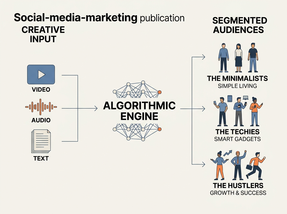 A diagram showing how creative assets are processed by an algorithm to find specific audience segments.