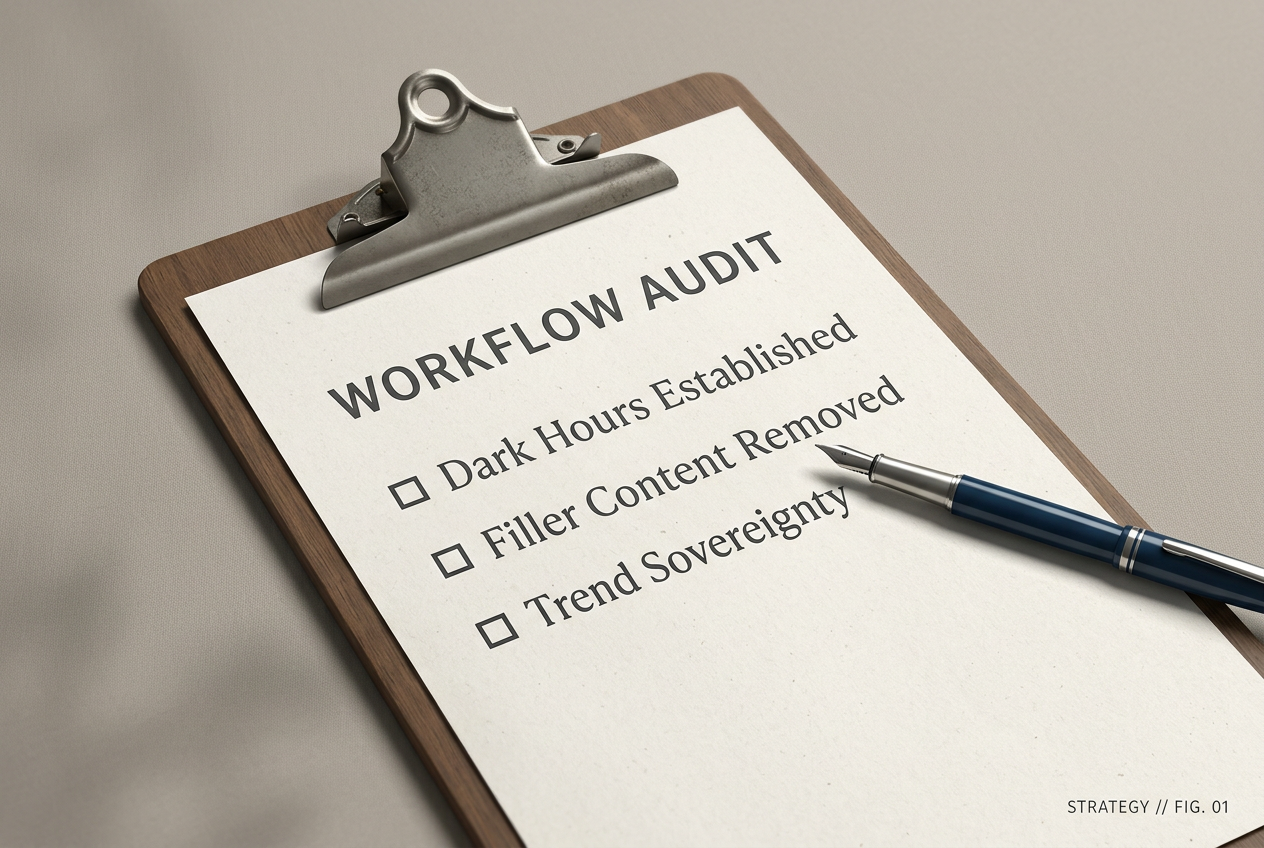 A checklist for a social media burnout audit, highlighting dark hours and content quality.