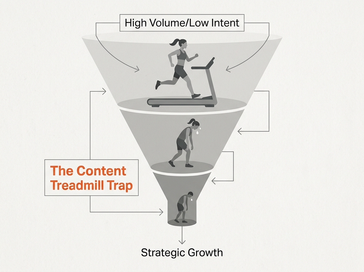 Infographic showing how high content volume leads to diminishing strategic returns and staff exhaustion.
