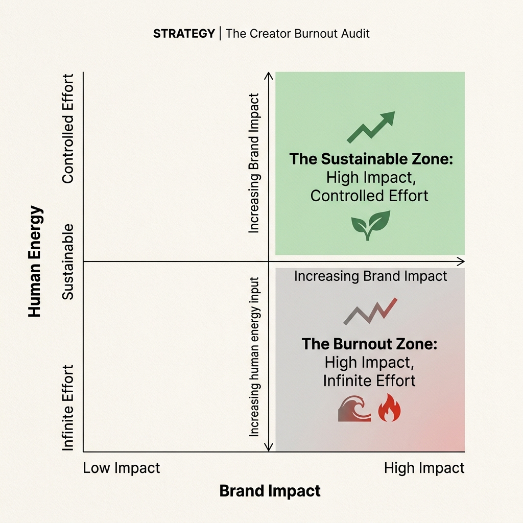 A 2x2 matrix comparing human energy expenditure against brand impact to find the sustainable social media strategy zone.