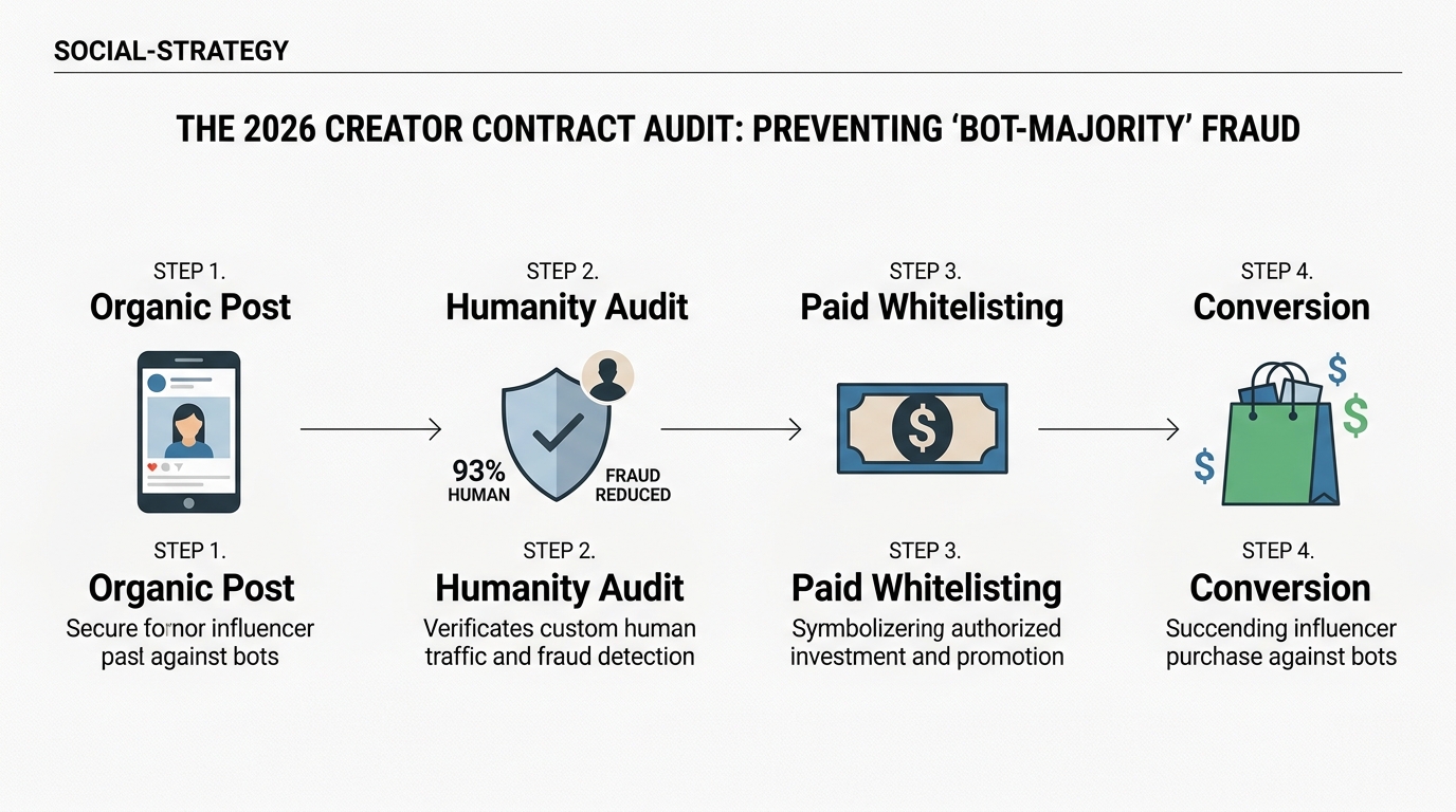 A workflow diagram showing the process from an organic creator post to a human-verified paid dark post that drives conversions.
