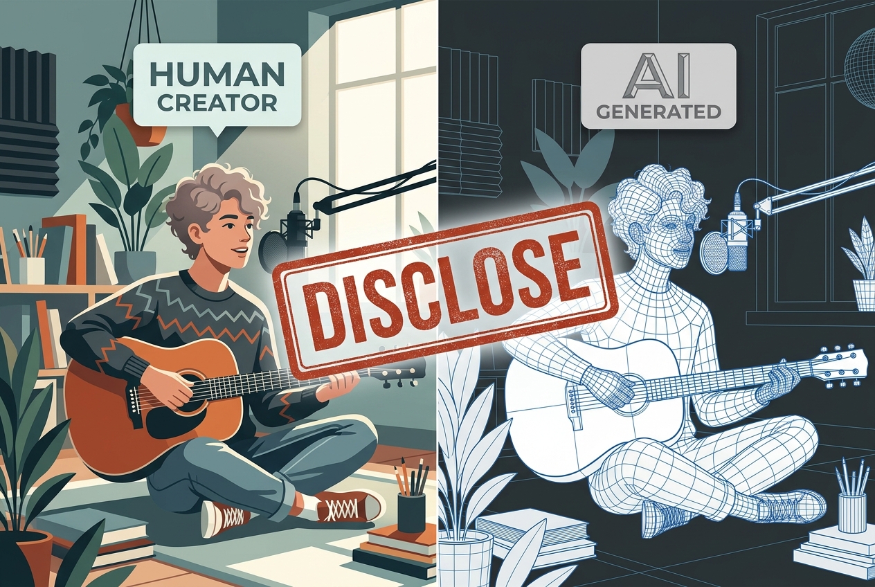 A split screen comparing a real human creator to an AI-generated digital twin, emphasizing the need for disclosure.