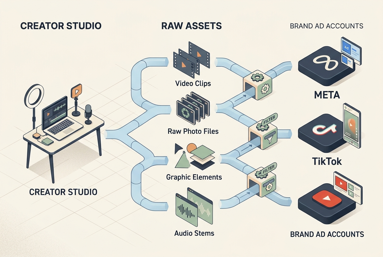 Flow chart illustrating the Content-as-a-Service model where creators provide raw assets for brand ad accounts.