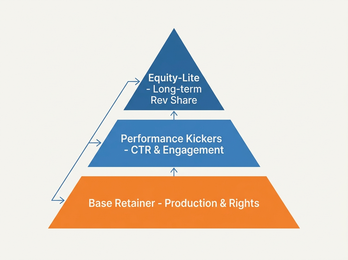 An infographic showing the three tiers of modern creator compensation: Base, Performance, and Equity-Lite.
