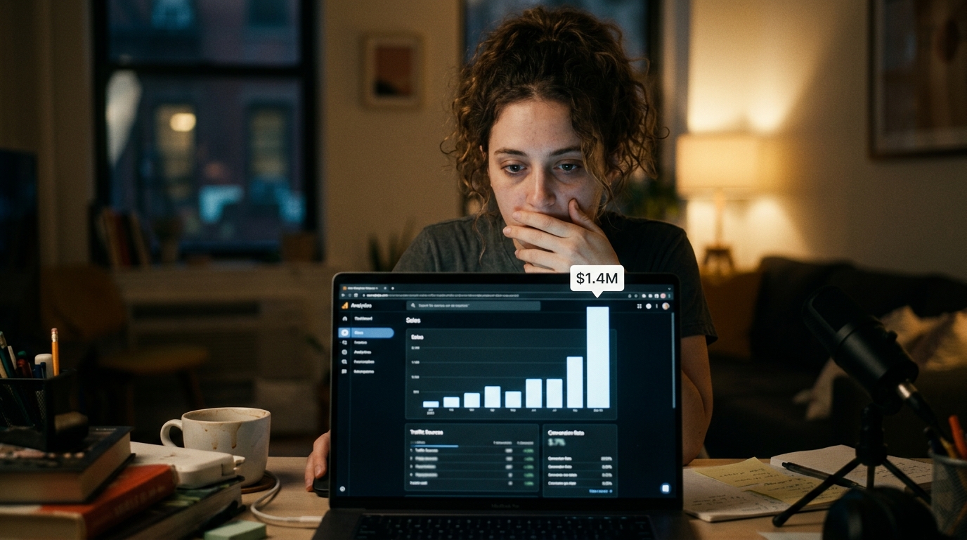 A creator reacting to a viral affiliate sales spike on their analytics dashboard.