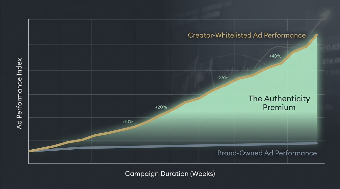 A line graph demonstrating that ads run through creator accounts significantly outperform ads run through brand accounts.