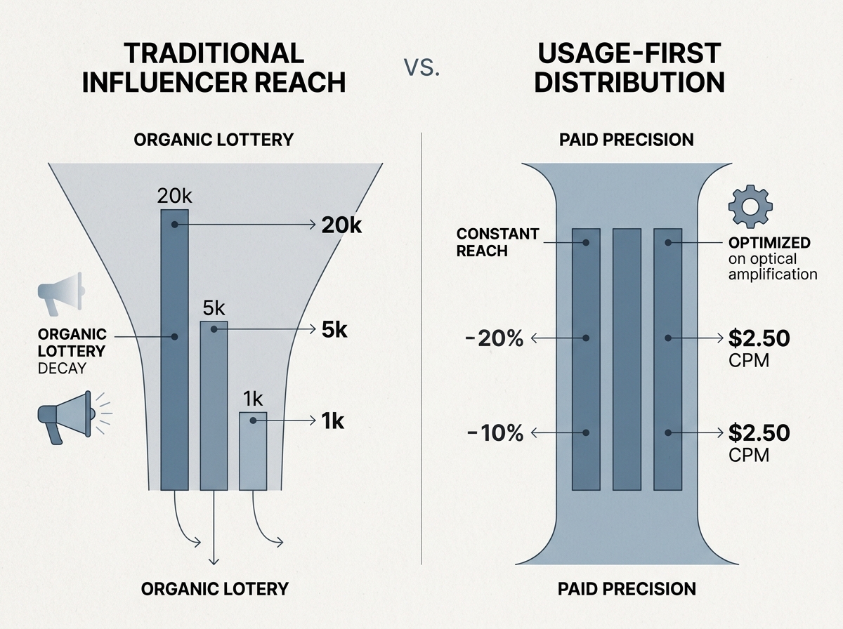 An infographic comparing the unpredictable nature of organic reach with the controlled distribution of paid usage-only models.