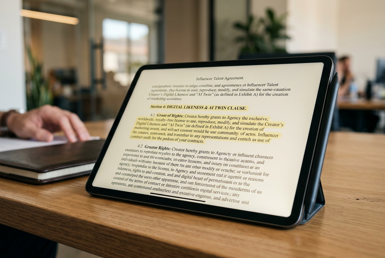 A digital contract highlighting the new AI Twin and Digital Likeness clauses becoming common in 2026 creator deals.