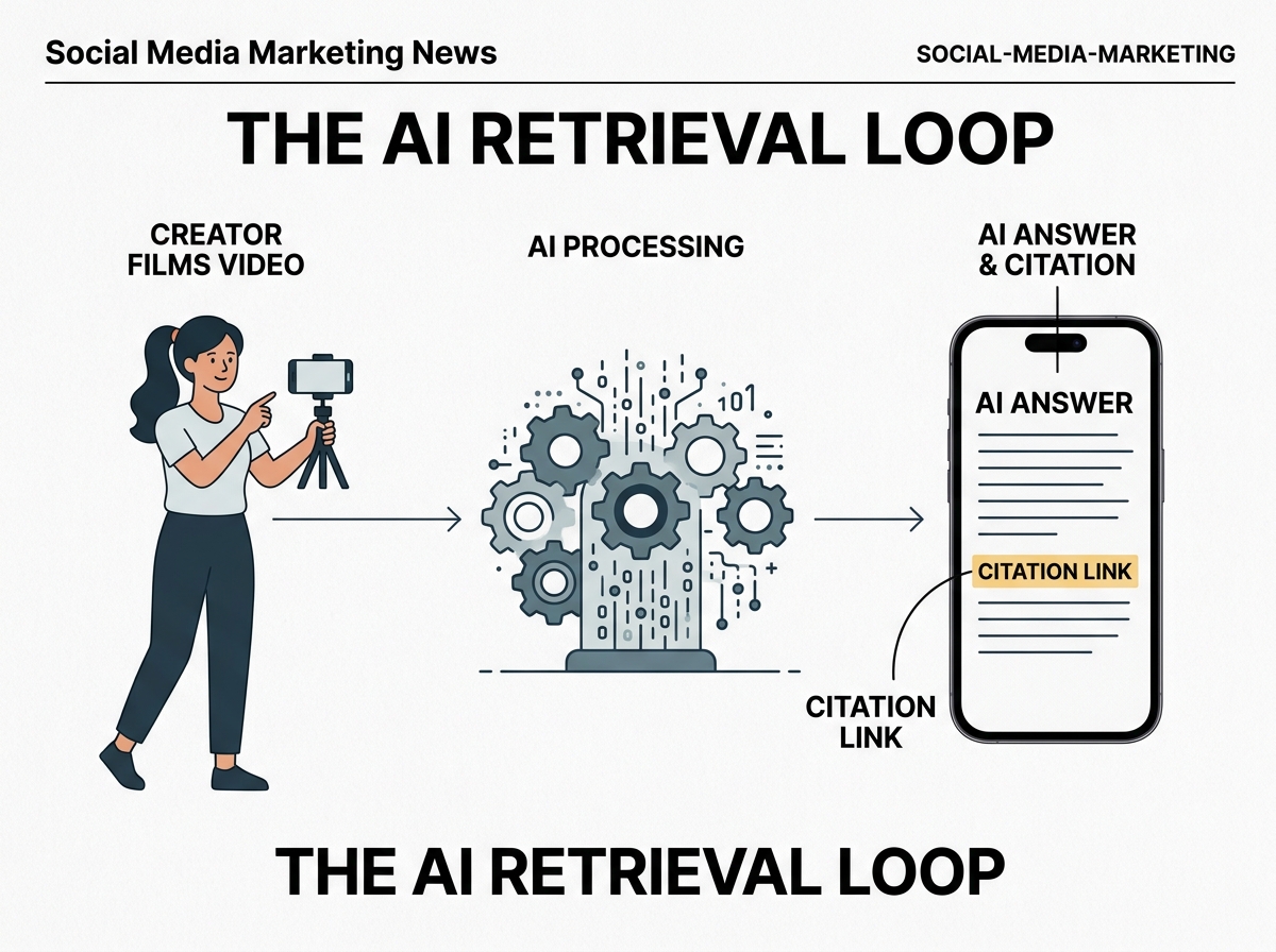 Diagram showing the process of how creator content is indexed and cited by AI search engines like ChatGPT.