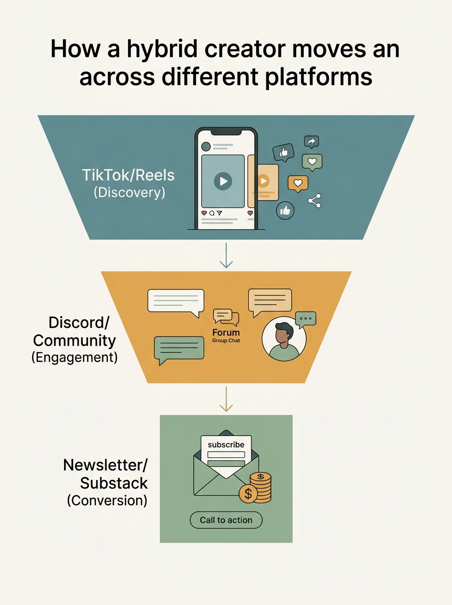 A marketing funnel showing the multi-platform journey of a hybrid creator's audience from discovery to conversion.