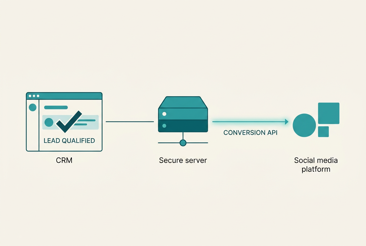 A diagram showing how a lead qualification event in a CRM travels through an API to a social media platform.