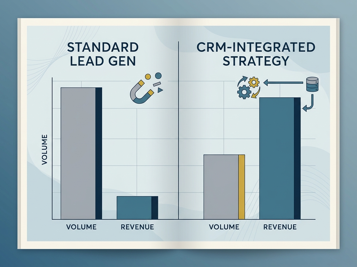 A bar chart comparing standard lead generation versus a CRM-integrated strategy, showing higher revenue for the latter.