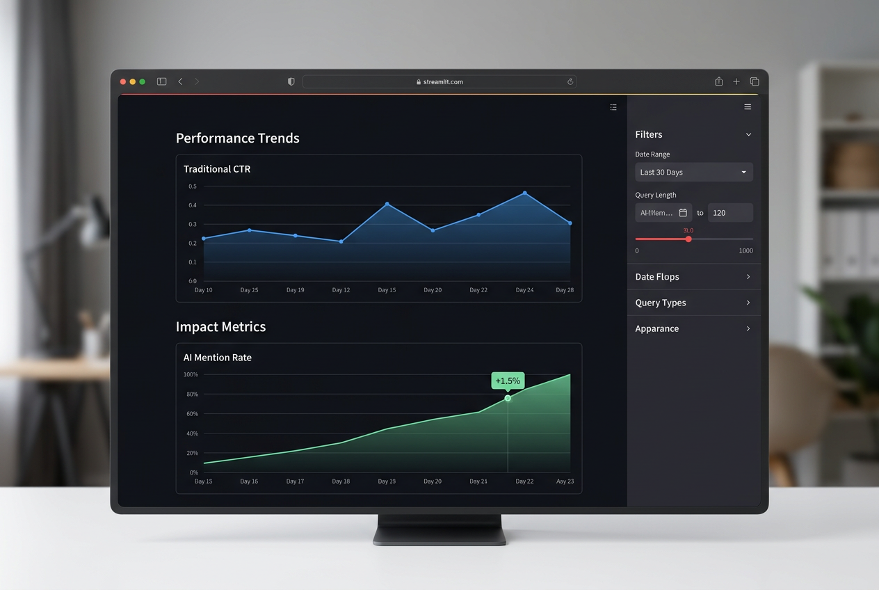 A mockup of a custom-built Streamlit SEO dashboard comparing traditional and AI search metrics.