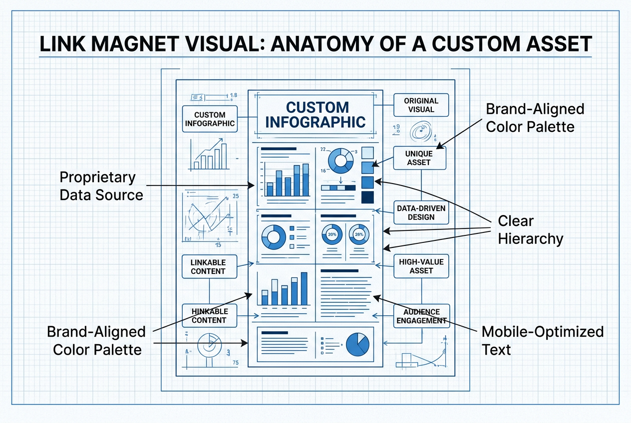A blueprint-style diagram detailing the necessary elements for a high-performing custom marketing visual.