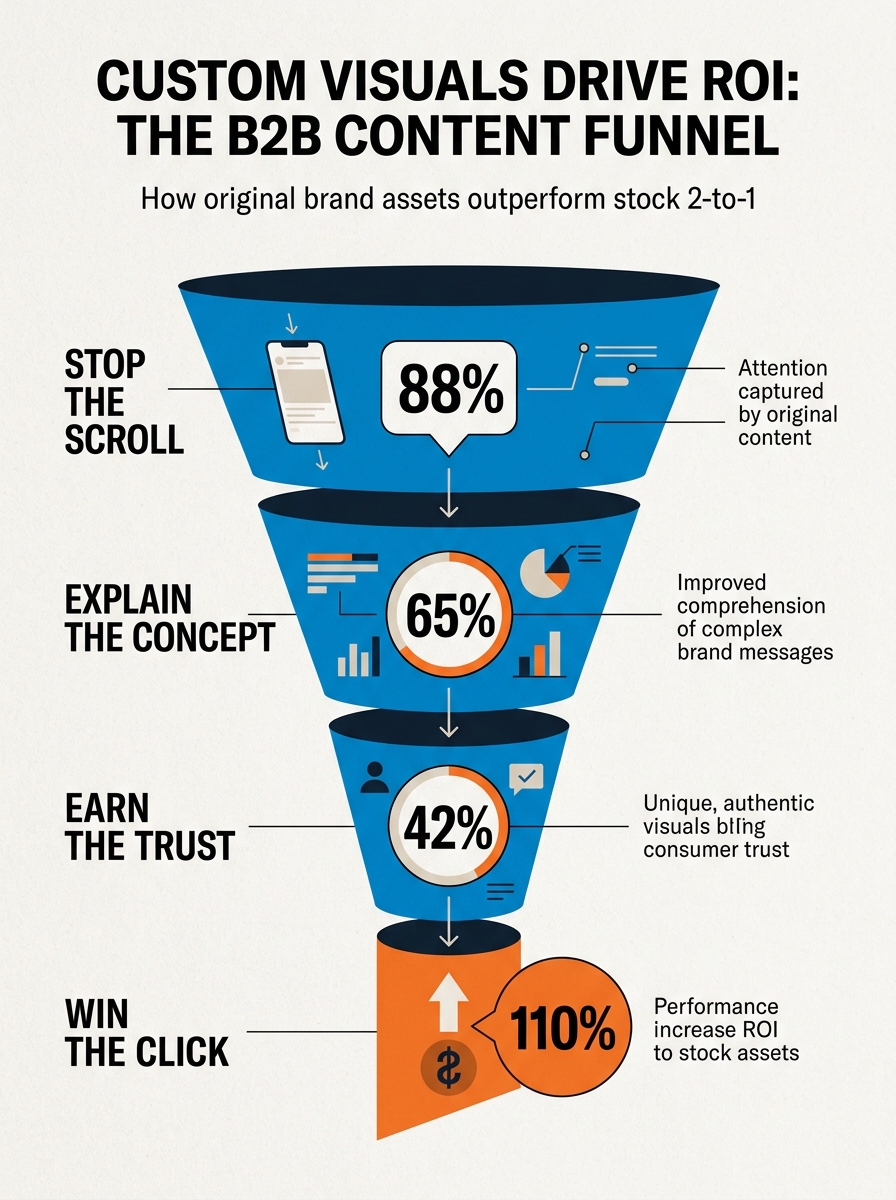 A funnel diagram explaining how custom visuals lead to a 110% traffic lift through four stages of engagement.