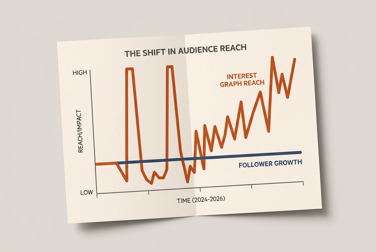 A chart comparing the steady nature of follower growth vs the high volatility of interest-based reach.