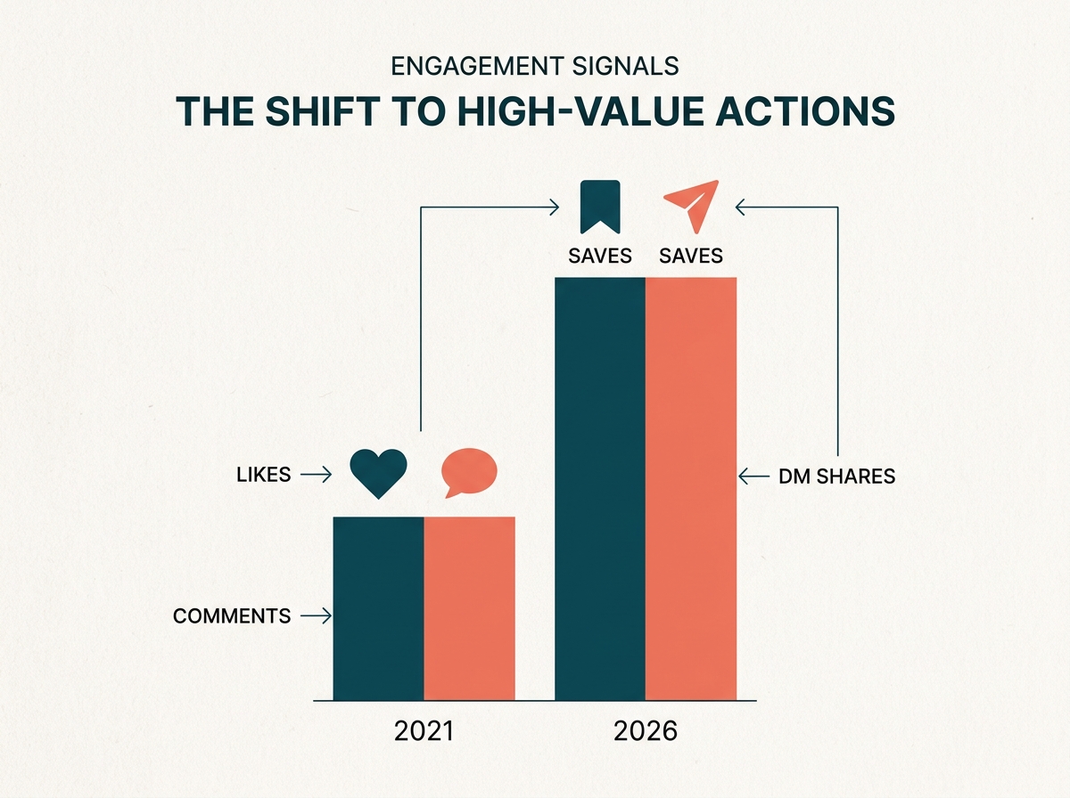 A chart showing the shift in Instagram algorithm weighting from likes to saves and shares between 2021 and 2026.