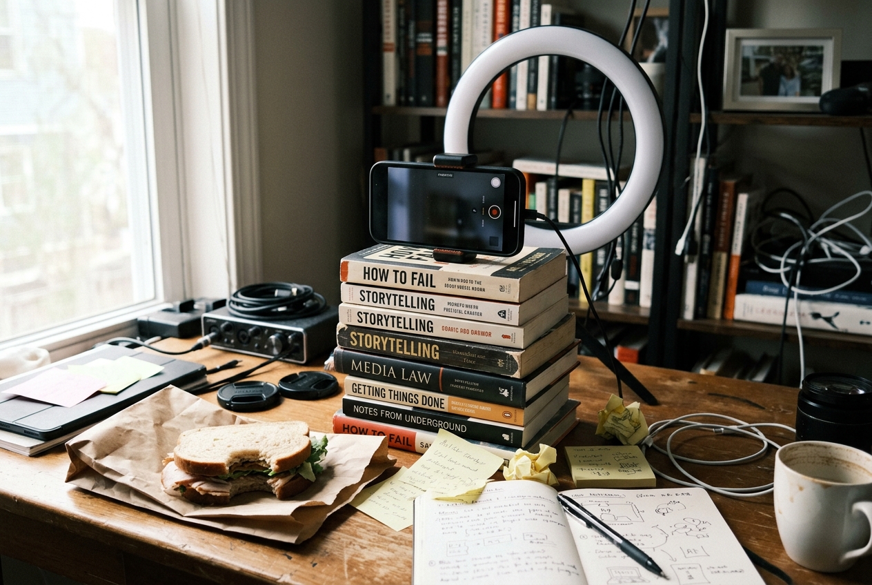 A messy, authentic creator workspace showing a smartphone-first setup for lo-fi content creation.