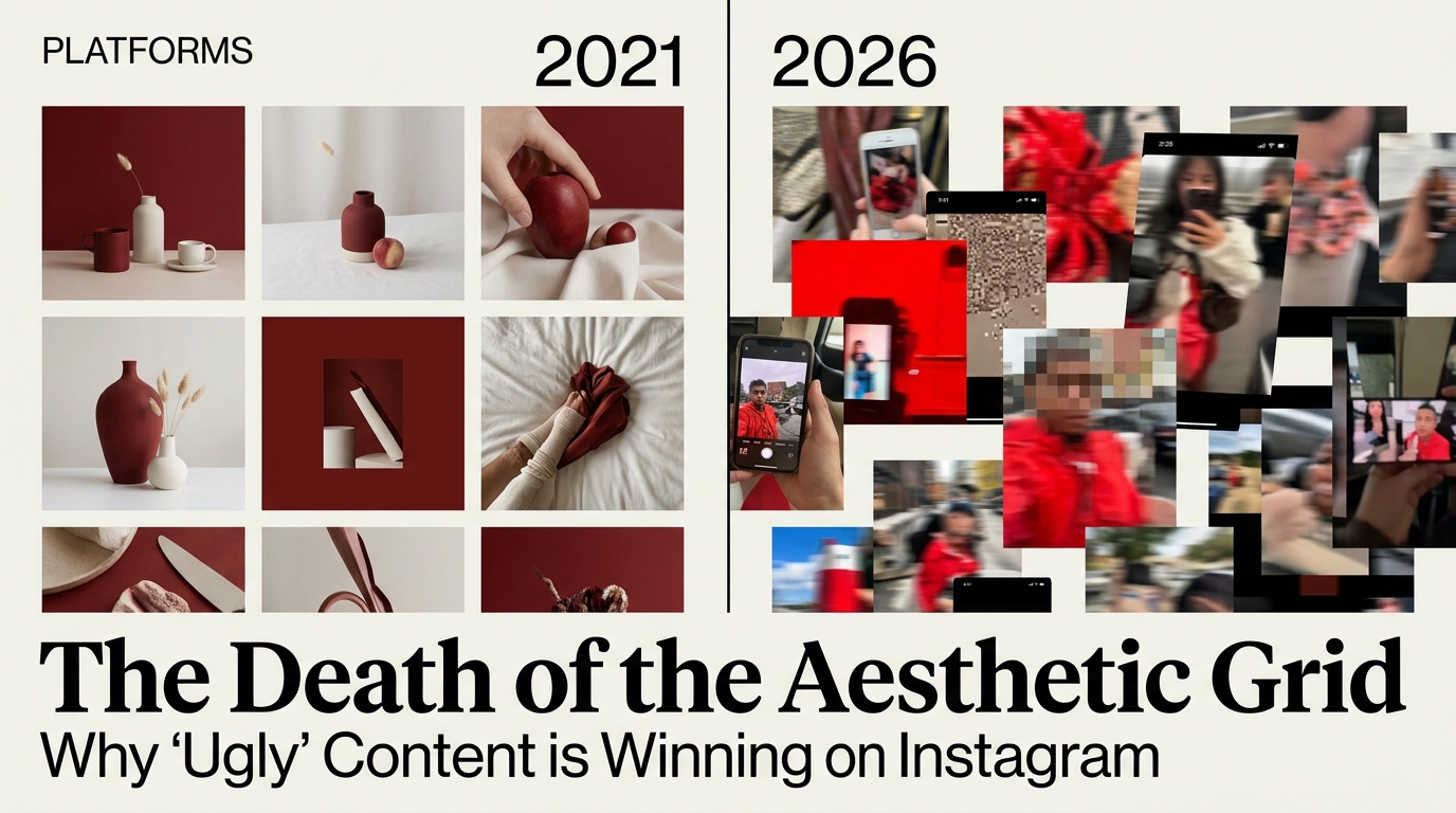 A comparison between a perfectly curated 2021 Instagram grid and a messy, high-engagement 2026 photo dump.