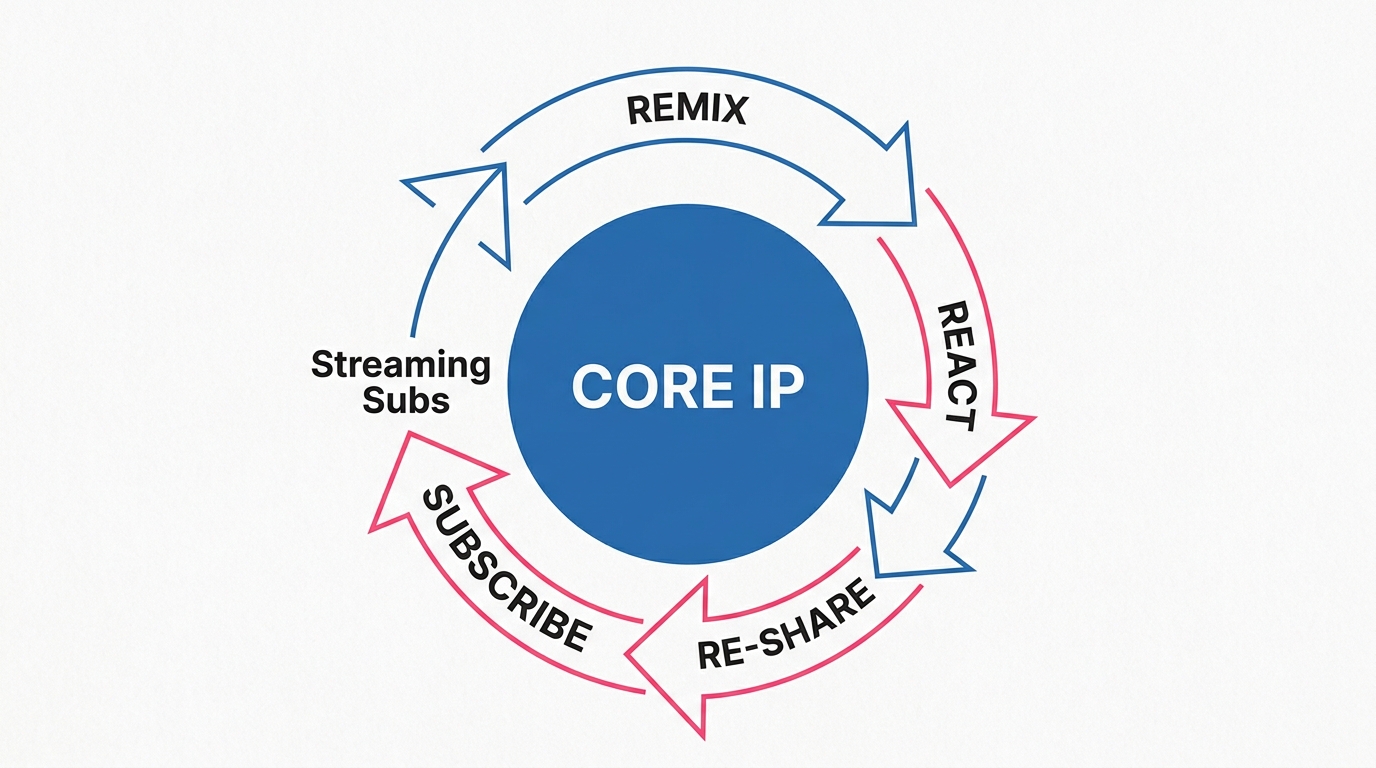 An infographic showing the lifecycle of a piece of content from official release to creator remix to subscription conversion.