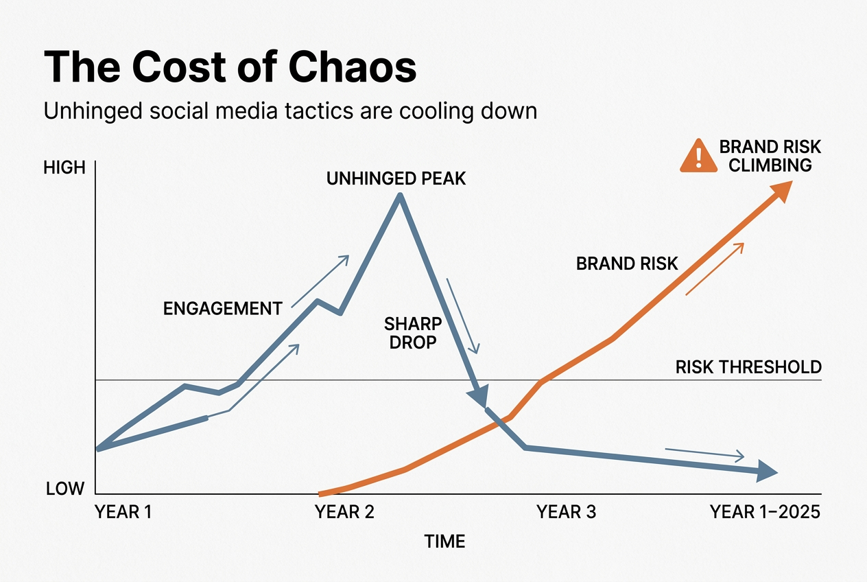 Infographic showing the inverse relationship between the long-term effectiveness of chaotic marketing and increasing brand risk.