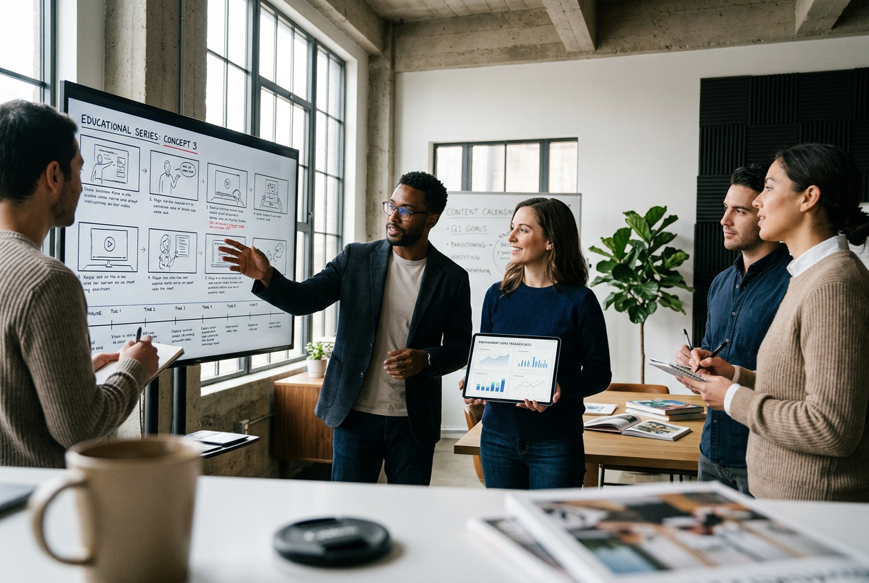 A professional marketing team planning a structured, educational content series in a studio.