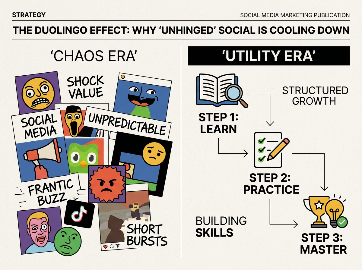 Comparison between the chaotic meme-based marketing of the early 2020s and the structured utility-based marketing of 2025.