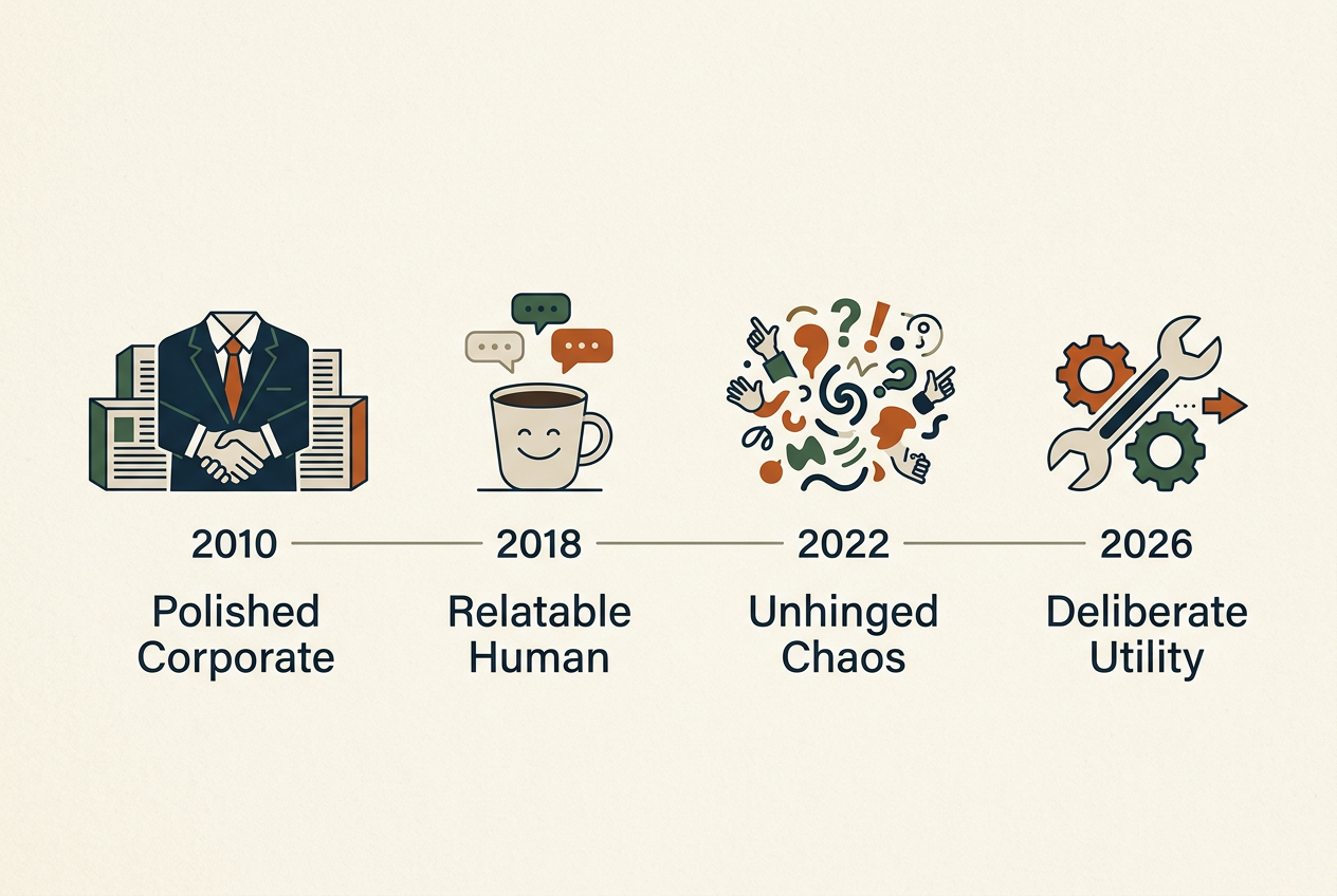 A timeline showing the shift in social media brand voices over the last 15 years.