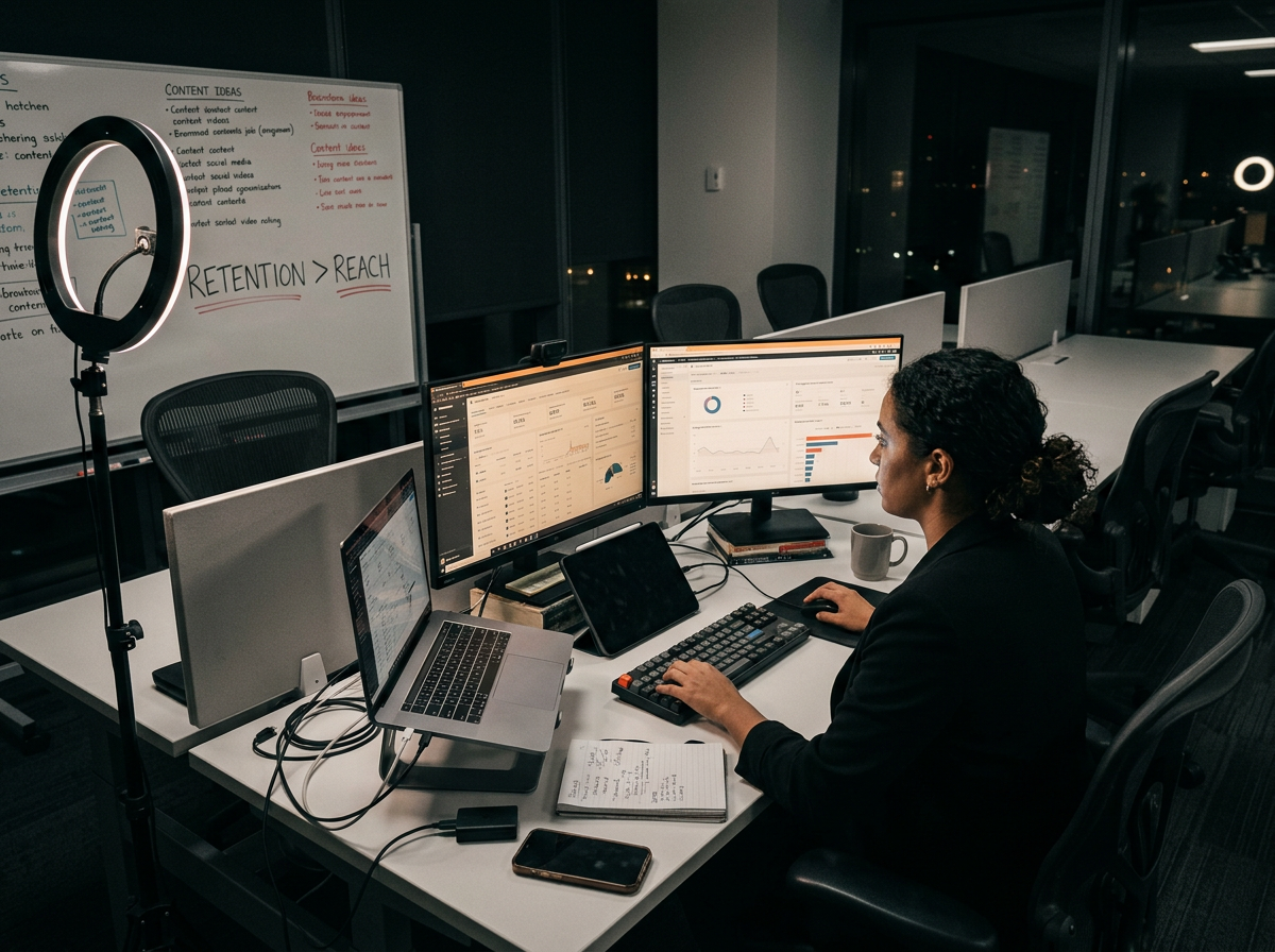 A professional social media management workstation focusing on data and retention metrics.