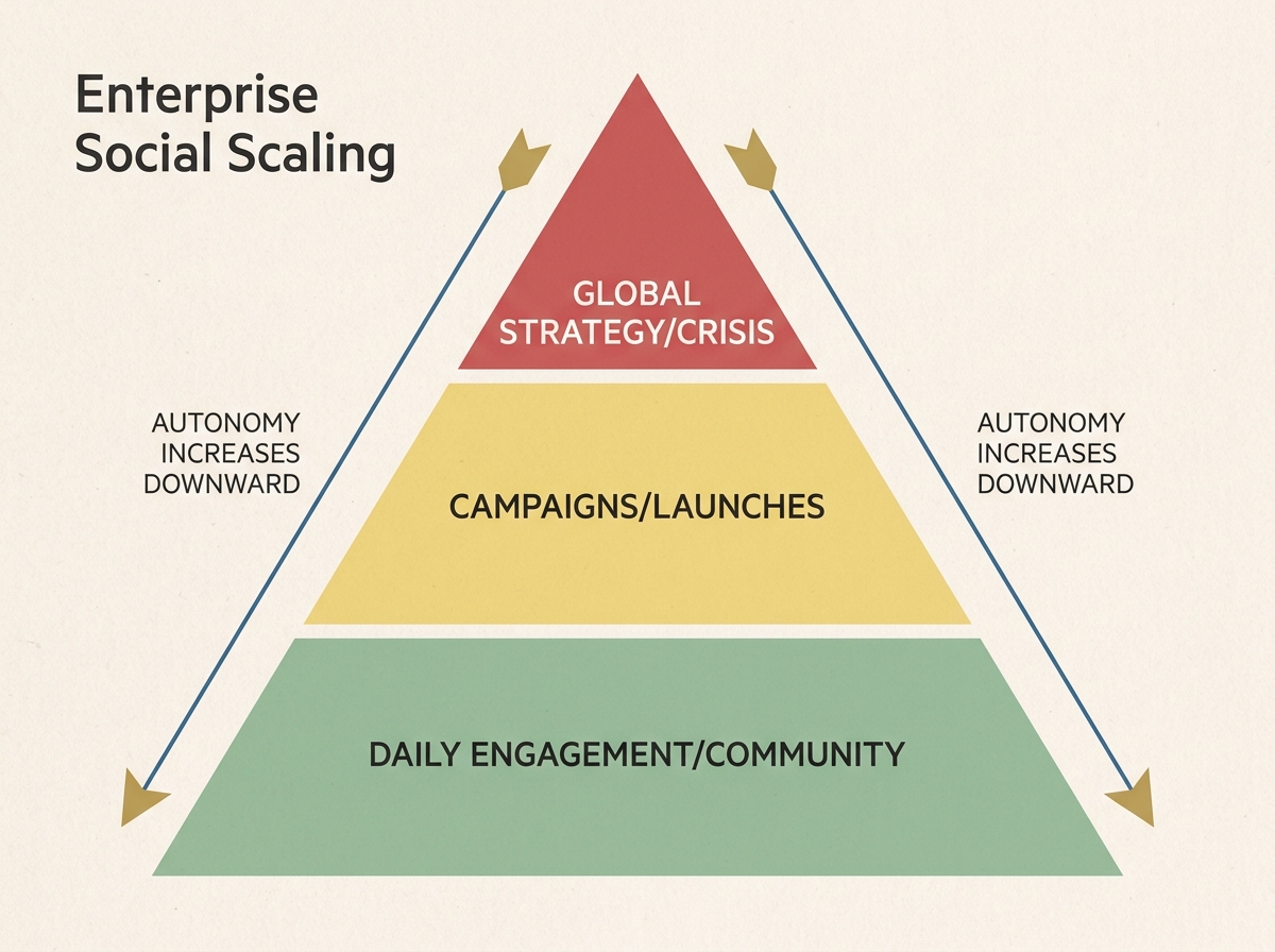 A pyramid diagram showing the three tiers of social media governance: Global, Campaign, and Community levels.