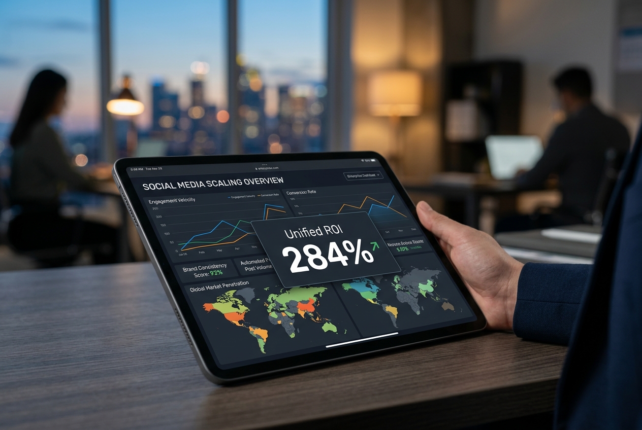 A close-up of a marketing dashboard showing global social media performance metrics.