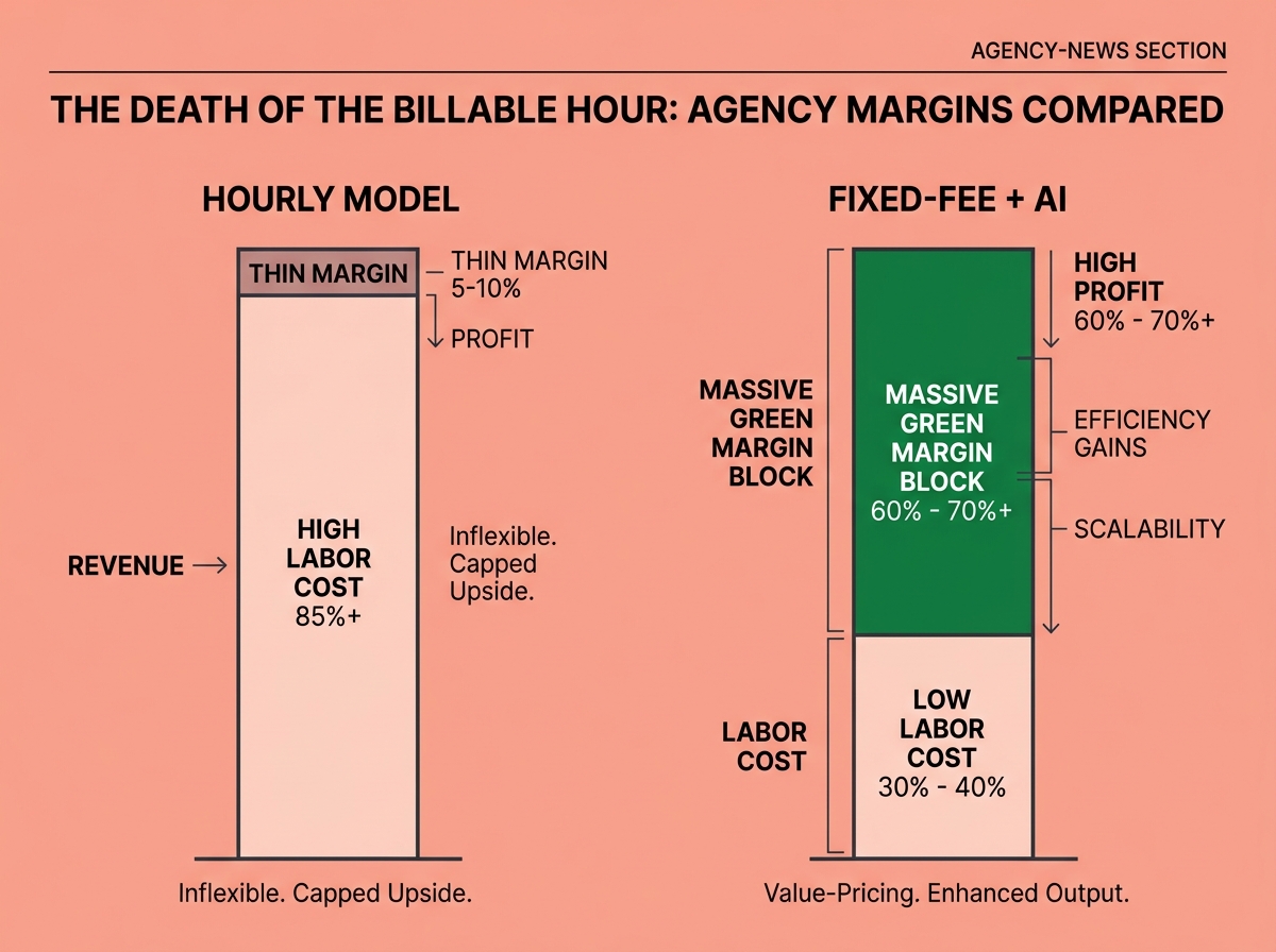 A bar chart comparing the thin margins of hourly billing against the significantly higher margins of fixed-fee pricing combined with AI efficiency.