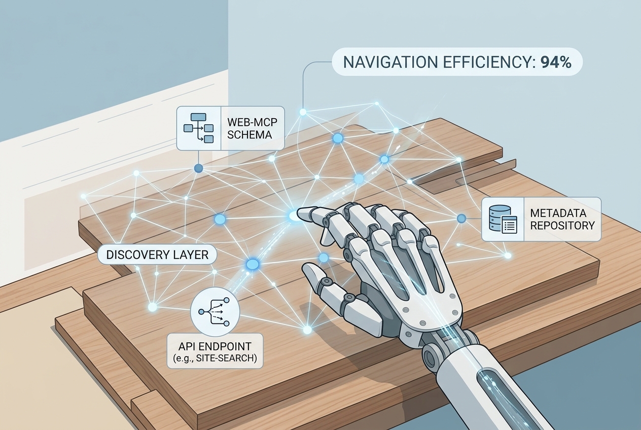 A diagram illustrating how AI agents interact with WebMCP schema to discover and process website content.