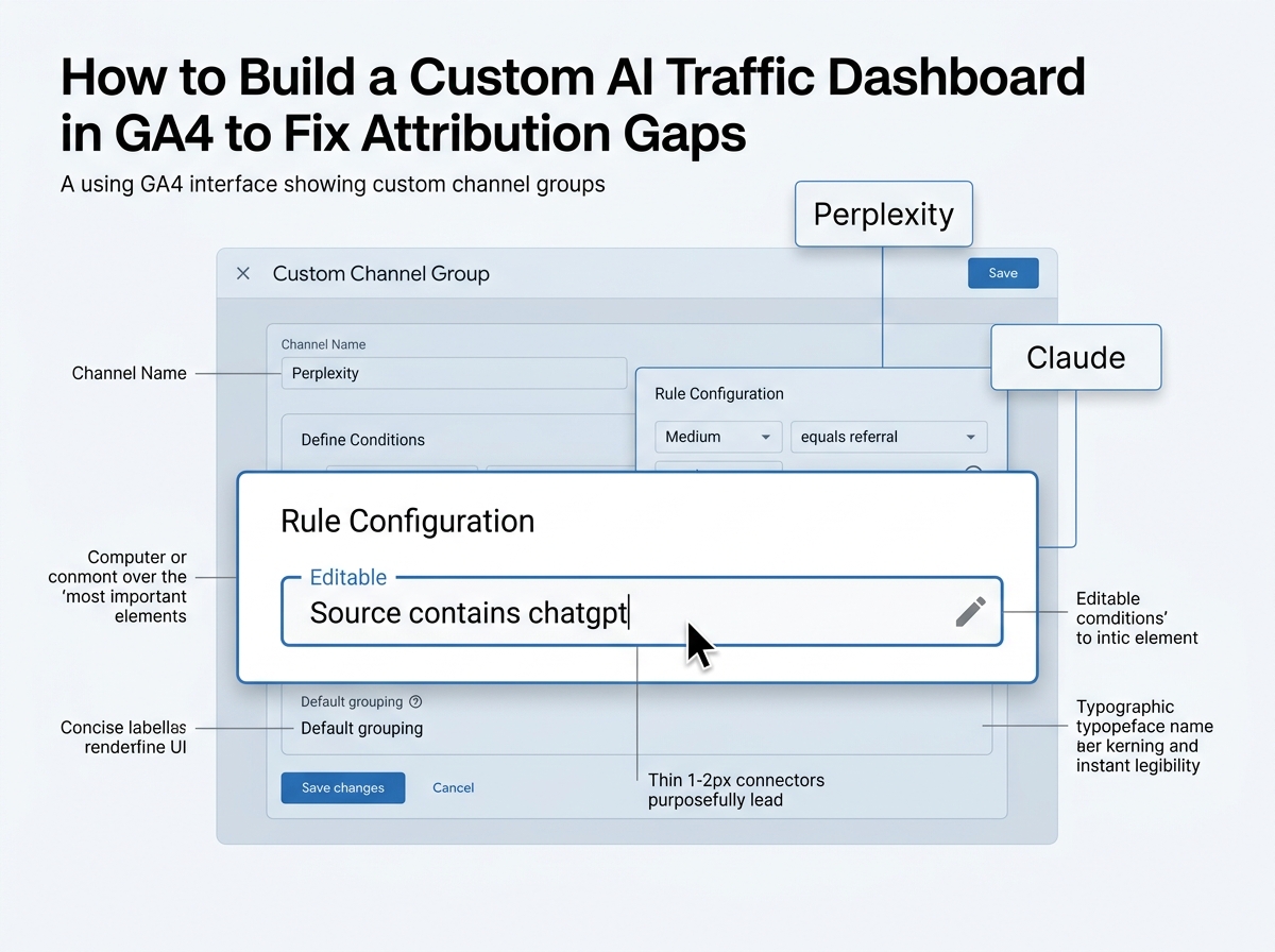 A technical diagram of the Google Analytics 4 configuration screen for setting up custom channel rules.