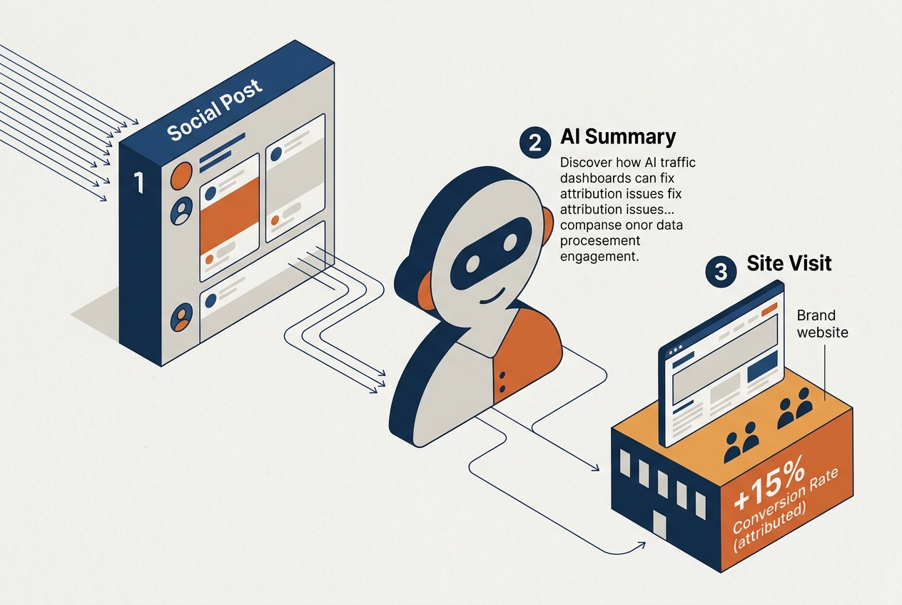 An infographic showing the path a user takes from a social media post through an AI assistant to a website visit.