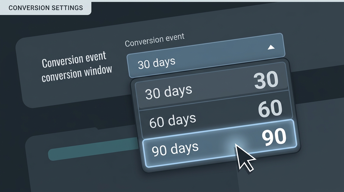 Illustration of the Google Analytics 4 interface for changing conversion windows.