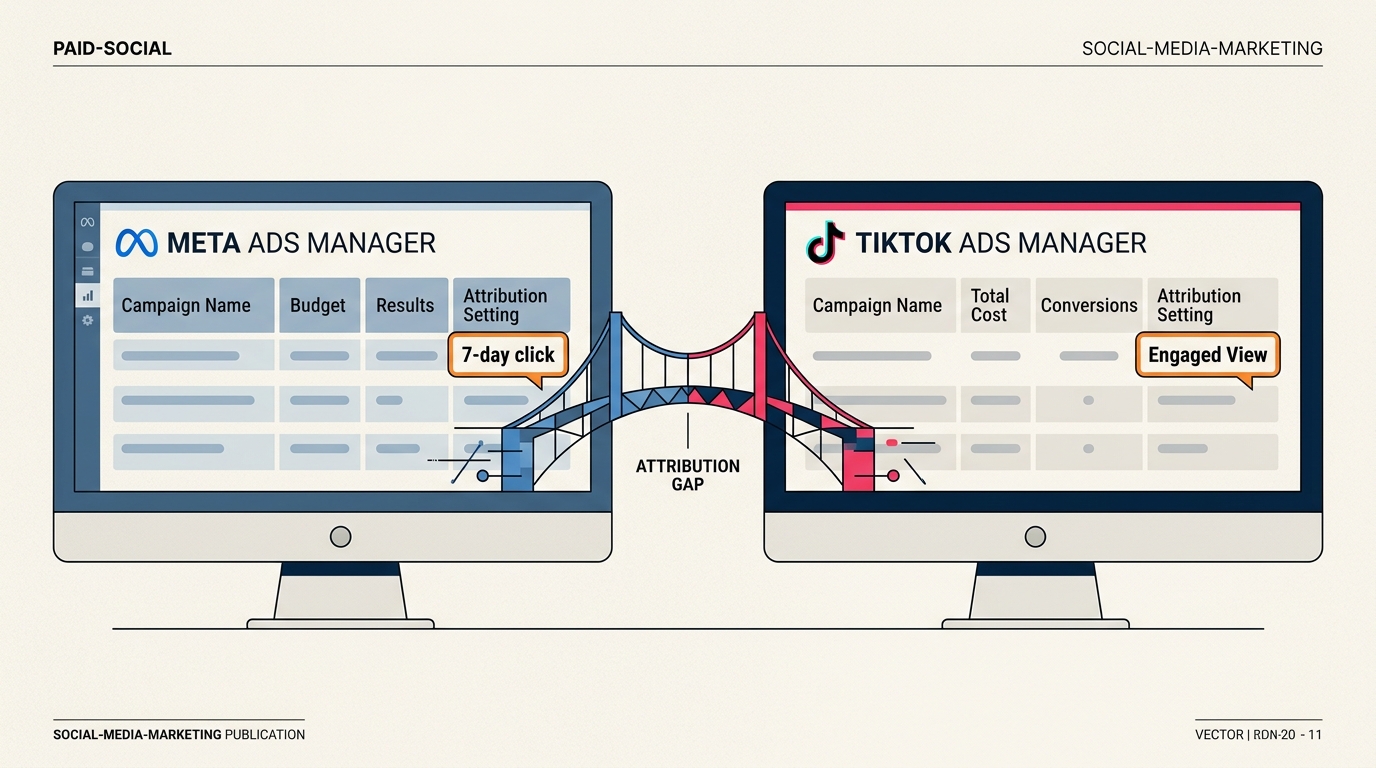Diagram showing the comparison between Meta and TikTok attribution settings.