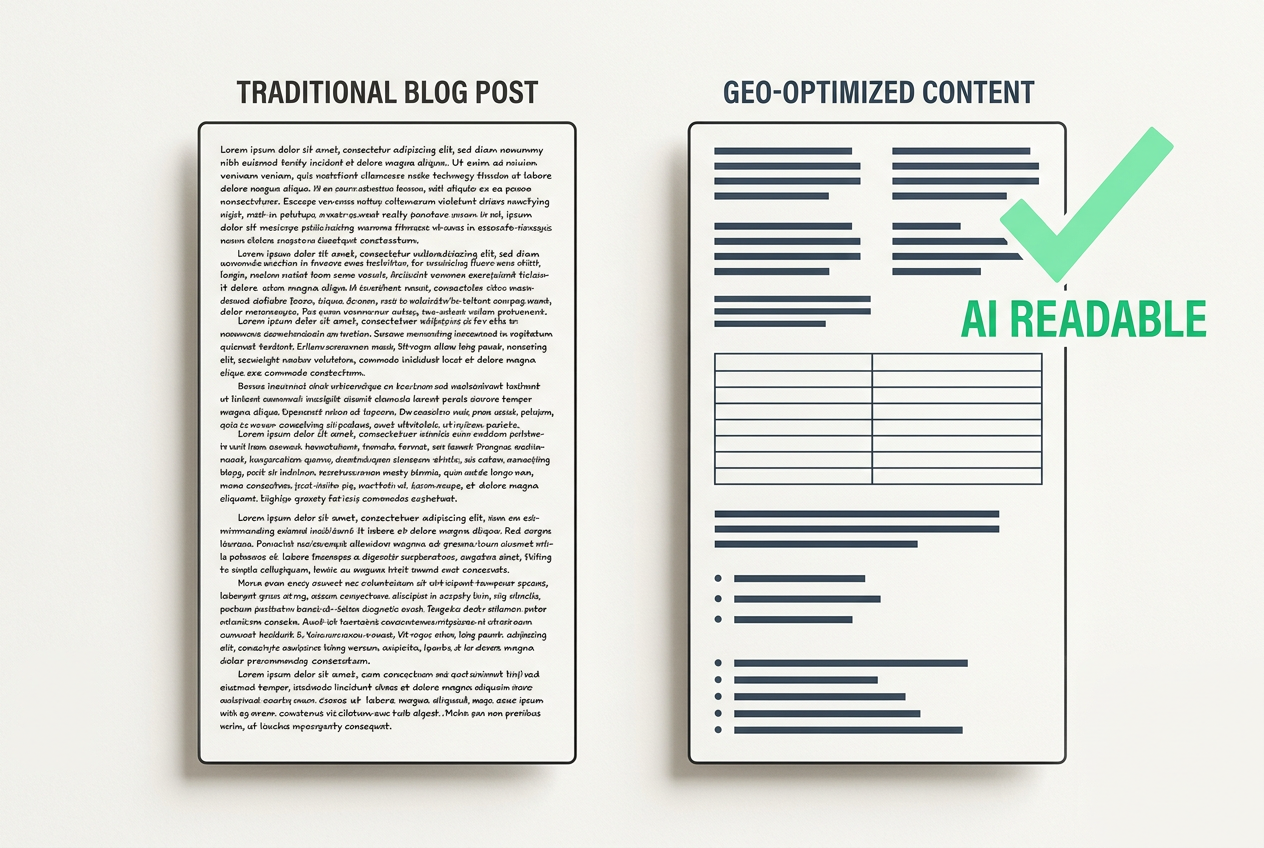 Comparison between traditional long-form content and content structured for AI extraction.