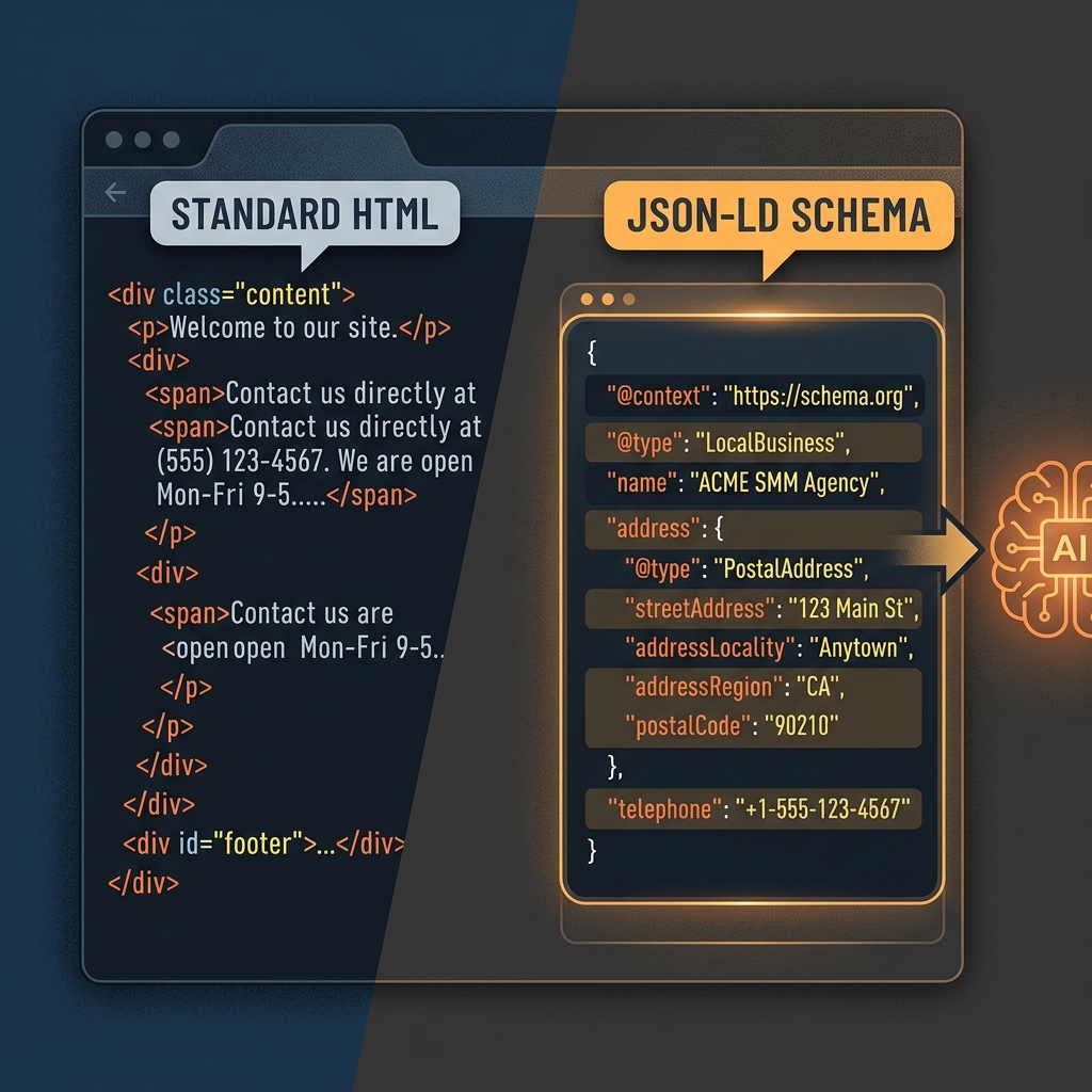 An illustration comparing unorganized website code to structured schema data for AI consumption.
