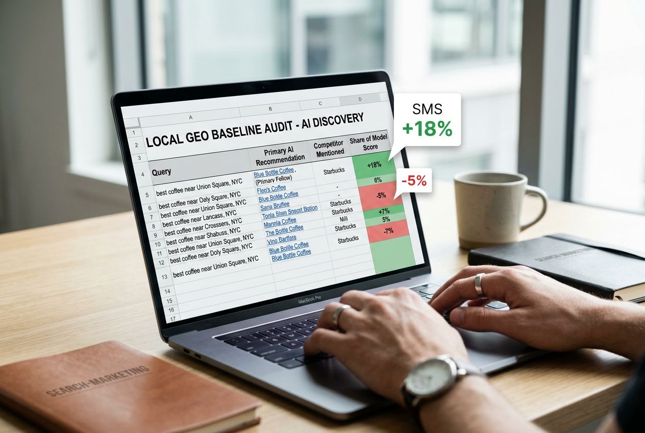 A sample spreadsheet for tracking Share of Model (SoM) metrics during a GEO audit.
