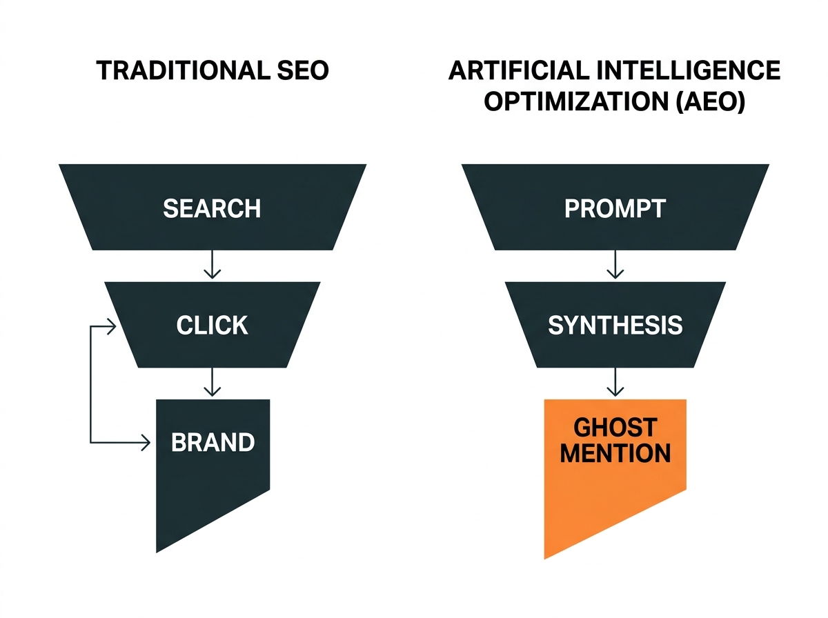 Infographic comparing the traditional search funnel to the new AI answer engine funnel where brand names are lost.