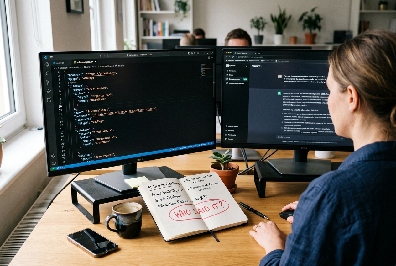 A marketer's desk with a focus on schema code and AI search results to improve brand attribution.