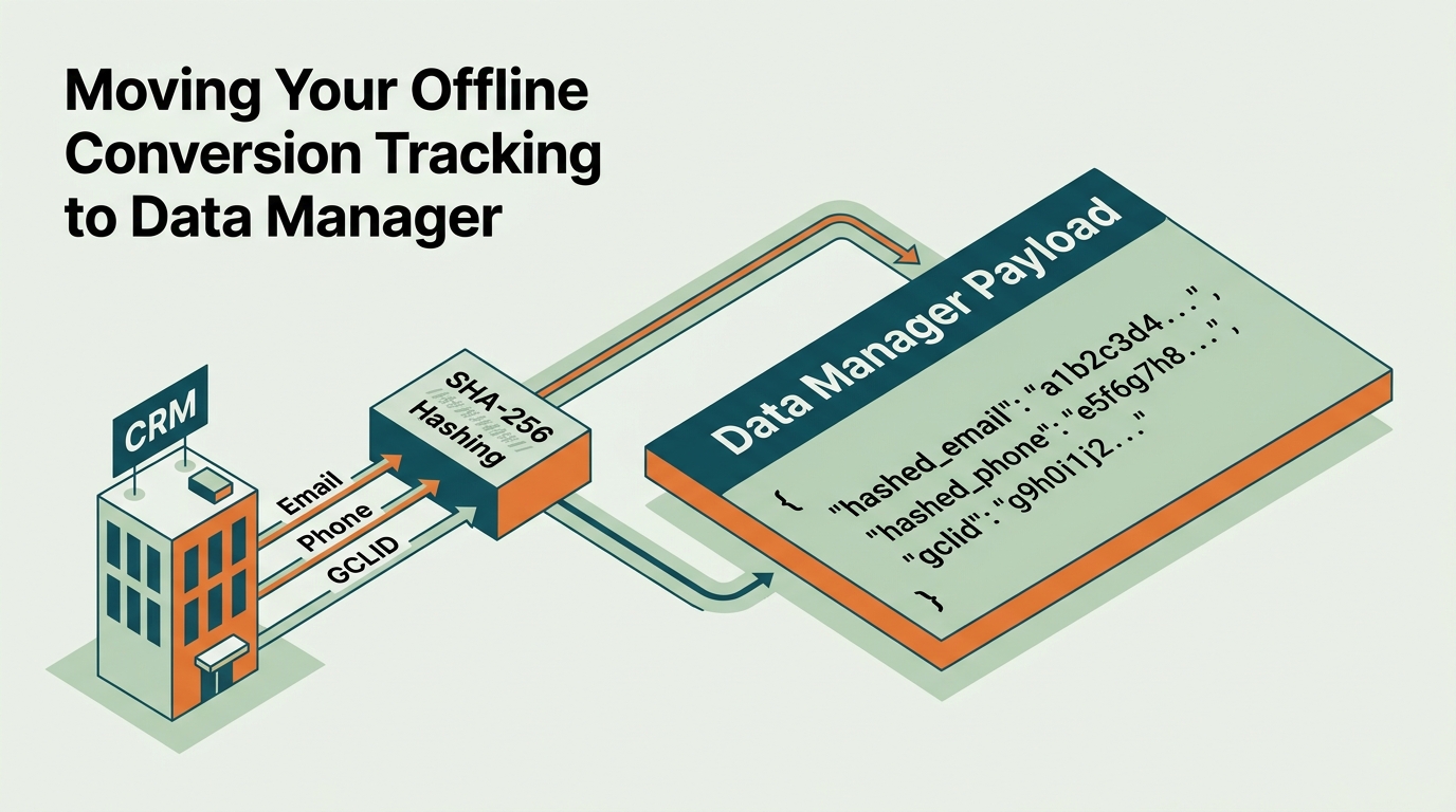 A flowchart showing the process of extracting, hashing, and formatting CRM data for the Data Manager API.