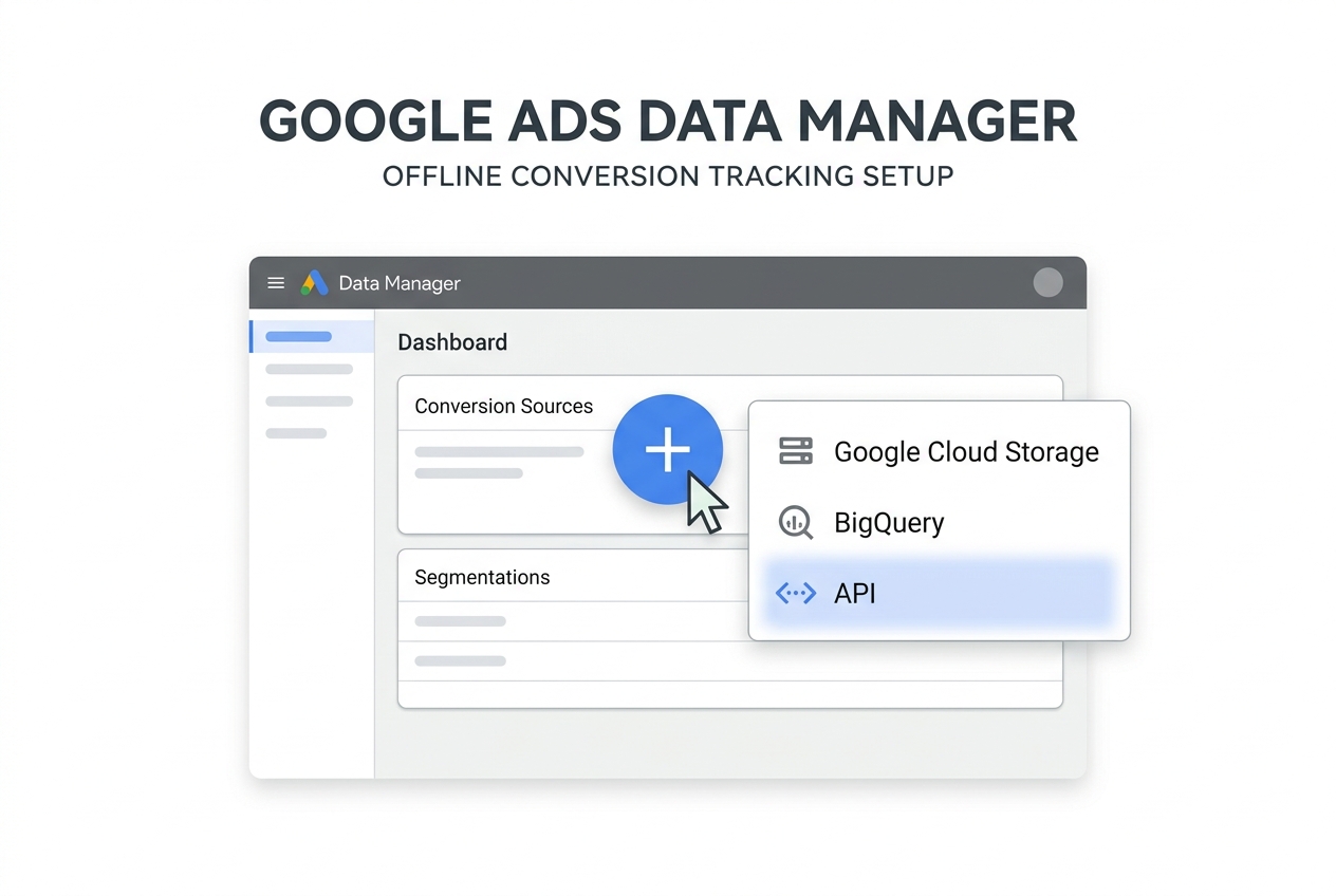 An illustration of the Google Ads Data Manager UI showing how to create a new API data source.